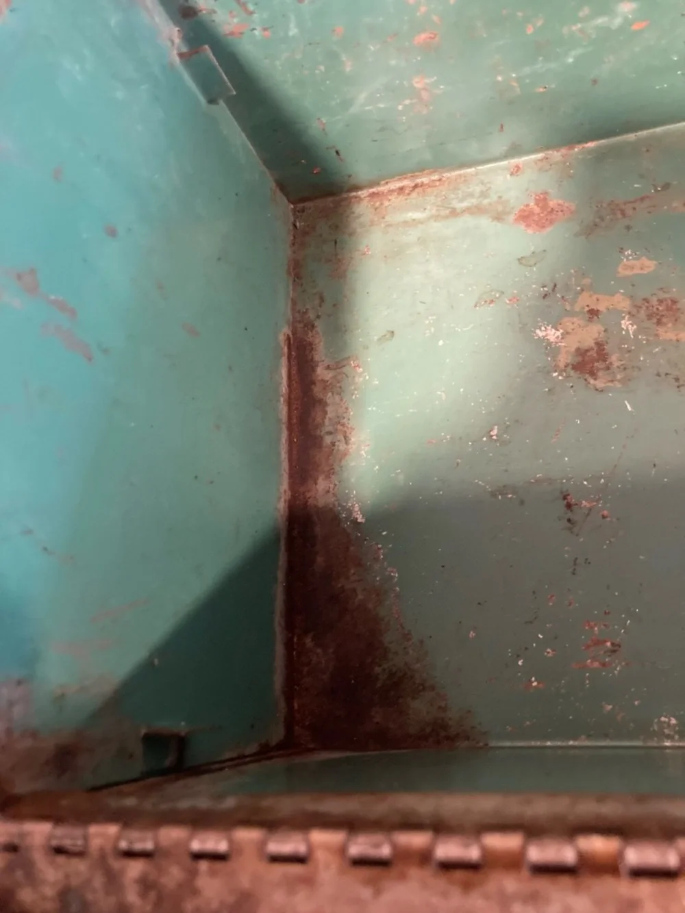 Vintage Metal Toolbox in Teal with Carry Handle and Insert 21” Long Distressed - Picture 9 of 16